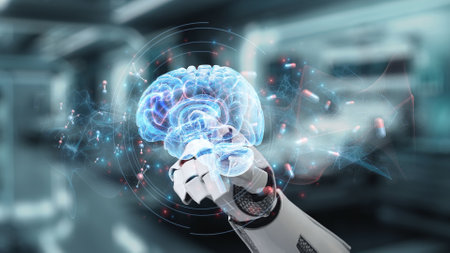 Close up of robotic hand pointing and tapping at brain hologram with blur laboratory background. Robot hand clicking at brain icon to access and connect medical data to diagnosis symptom. Salubrious.の写真素材