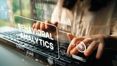 Hands Typing on Laptop with Overlay of Data Visualization and Behavioral Analytics Concept. Asymptotic smart data analytic.の写真素材