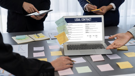 Digital legal contract provide terms and conditions document on computer screen ready for online...