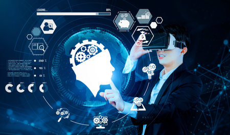 Smart businessman wearing suit and VR goggle while using AI assistance planning plan. Project...