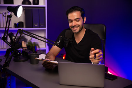 Broadcaster talking to listener with script note to educate in psychology in mind, body and soul on...
