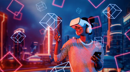 African girl wearing VR glasses and casual cloth while standing at futuristic city. Attractive gamer...