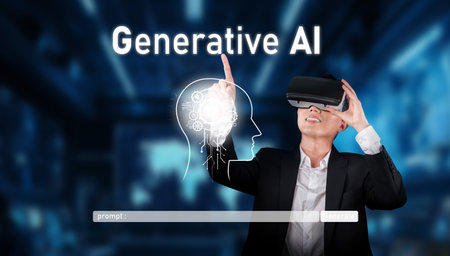 A professional woman interacts with generative AI using a virtual reality headset, symbolizing the fusion of technology and creativity in a modern workspace.の写真素材