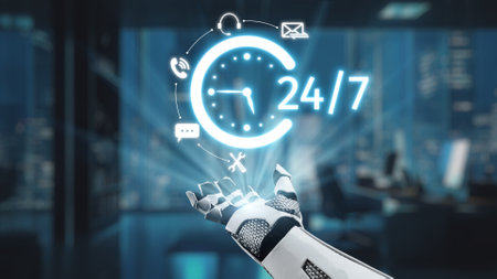 A futuristic robot hand demonstrates a glowing 24-hour availability icon, symbolizing constant...