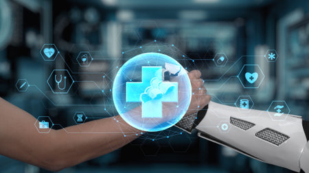 Close up of robot hand and human hand shaking hand with medical cross hologram. AI and human working...