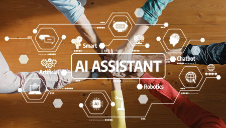 This image portrays a collaborative effort in technology featuring hands together, enhanced by digital icons that symbolize artificial intelligence and smart robotics advancements. Amityの写真素材