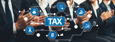 Business professionals clapping in a meeting with tax-related icons and concepts, focusing on finance, incentive, refund, and income tax details. Amityの写真素材