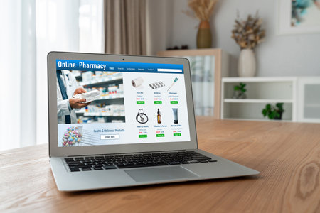 on pharmacy online store on computer screen for shopping for medical products drugs and medicine snuglyの写真素材