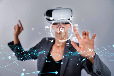 Human interact with AI artificial intelligence brain processor in concept of AI artificial...