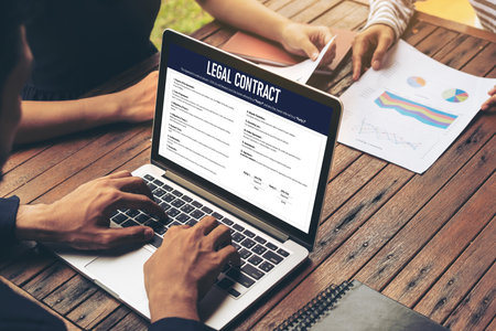 Digital legal contract provide terms and conditions document on computer screen ready for online...