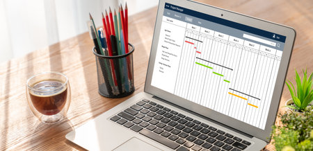 Project planning software for modish business project management on the computer screen showing...