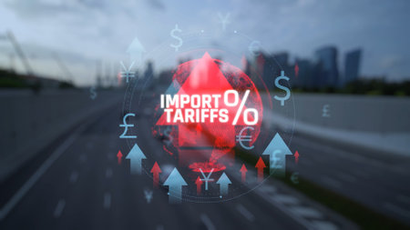 Global Import Tariffs Concept with Percentage Symbol and Upward Arrows on Urban Background Representing Trade Impact and Economic Trends. Consignment.の写真素材