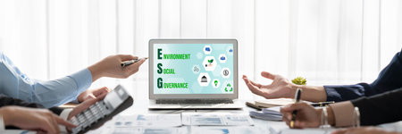 Business intelligence and data analysis concept. Analyst team working on financial data analysis dashboard on laptop screen as marketing indication for effective business strategic planning. Insightの写真素材