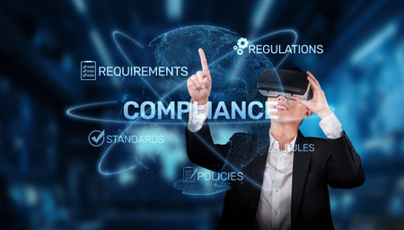 A businesswoman engages with virtual reality to navigate compliance regulations and standards, emphasizing the importance of understanding policies in a global context.の写真素材