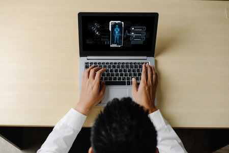 Medical science technology and futuristic healthcare virtual computer software analyze human health and diagnose disease for doctor data and medical research. briskの写真素材