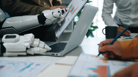 A dynamic office scene illustrating the collaboration between humans and robots, highlighting...