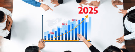A diverse team examines a growth strategy chart projecting trends from 2022 to 2025. This image...