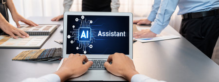 Group of interior architect designer team at table choosing various mood board samples with architecture software on laptop screen. Modern renovation and interior material selection concept. Insightの写真素材