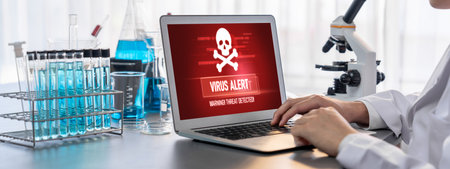 Virus warning alert on computer screen detected brisk cyber threat , hacker, computer virus and malwareの写真素材
