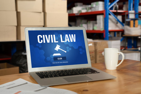 Civil law brisk information showing on computer screen for Common Justice Legal Regulation Rights...