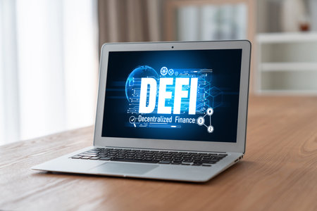 Decentralized finance or DeFi concept on modish computer screen . The defi system give new choice of investment and money saving .の写真素材