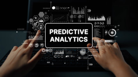 Hands on Laptop with Digital Dashboard for Predictive Analytics in Modern Business Environment. Asymptotic smart data analytic.の写真素材