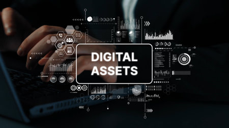 Hands on Keyboard with Digital Assets Concept and Data Visualization in Modern Business Environment. Asymptotic smart data analytic.の写真素材