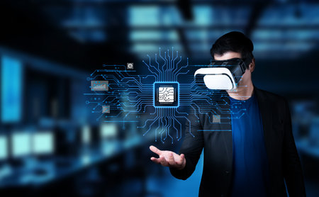 A man wearing a virtual reality headset interacts with advanced artificial intelligence elements,...
