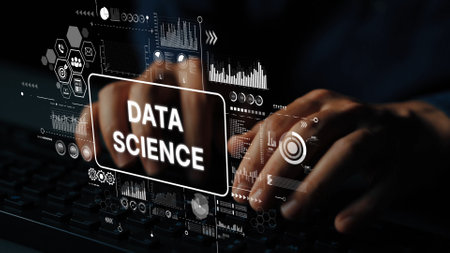 Hands Typing on Keyboard with Data Science Graphics Overlay in Dark Environment. Asymptotic smart data analytic.の写真素材