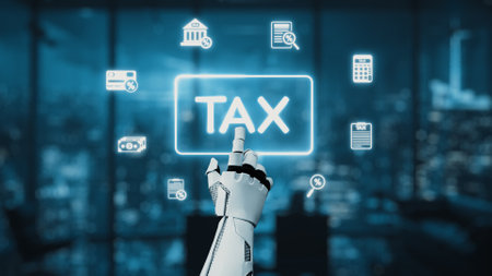 A futuristic robot hand interacts with various tax-related icons in a sleek office setting, illustrating the intersection of technology, finance, and automation.の写真素材