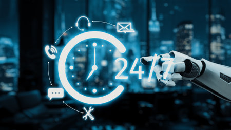 A futuristic robot arm interacts with a glowing 24-hour service icon, featuring various communication symbols, set against a modern urban backdrop, symbolizing innovation.の写真素材