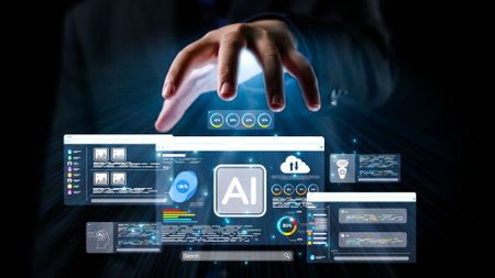 A hand reaches out towards a dynamic artificial intelligence interface. It showcases a blend of data...