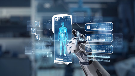 Close up of robot hand pointing and tapping at human anatomy hologram with blur laboratory background. Robot hand clicking at x ray dashboard to connect medical data to diagnosis symptom. Salubrious.の写真素材
