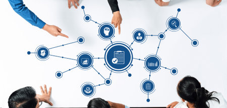 A dynamic business meeting shows professionals engaged in analysis and decision-making through an...