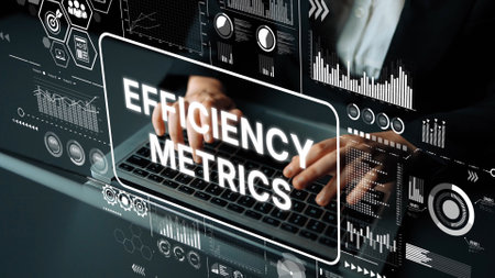Business Professional Analyzing Data with Efficiency Metrics on Digital Screen in Modern Office...