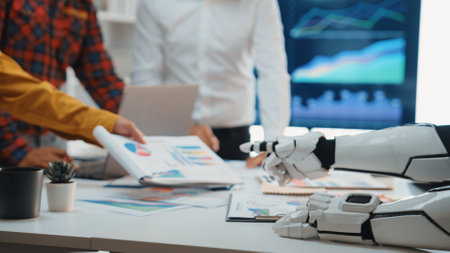 A captivating scene of humans collaborating with a robot in a modern office, showcasing charts and...