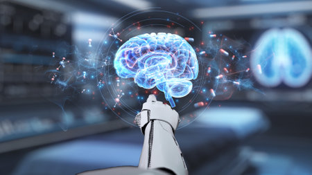 Close up of robotic hand pointing and clicking at brain holographic to access medical data or diagnosis symptom. Robotic hand checking at brain anatomy while using AI analyzing symptom. Salubrious.の写真素材