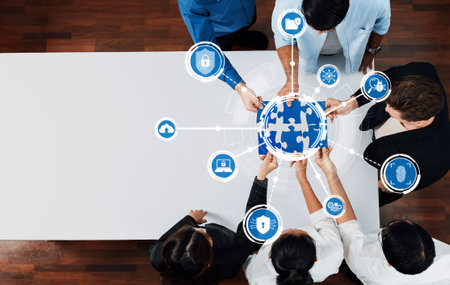 Diverse group of professionals engages in a collaborative security session, discussing cyber threats...