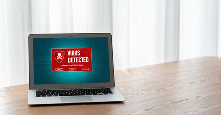 Virus warning alert on computer screen detected modish cyber threat , hacker, computer virus and malwareの写真素材