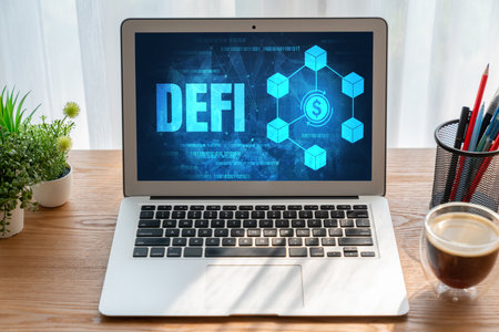 Decentralized finance or DeFi concept on modish computer screen . The defi system give new choice of investment and money saving .の写真素材