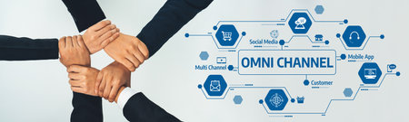 Diverse hands together symbolize the essence of an omni-channel strategy, highlighting collaboration and technology for enhancing customer engagement in modern business. Amityの写真素材