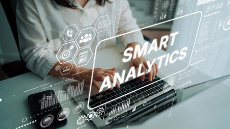 Smart Analytics Visualization Concept with Laptop, Data Charts, and Digital Metrics in Modern Office Workspace. Asymptotic smart data analytic.の写真素材