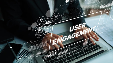 Hands on Laptop with User Engagement Concepts and Digital Interface for Business Growth and Online Interaction Analysis. Asymptotic smart data analytic.の写真素材