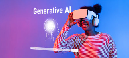 A joyful young woman interacts with virtual reality technology, showcasing the exciting world of...