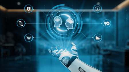 A robotic hand reaches out towards floating digital brain icons, illustrating the connection between...