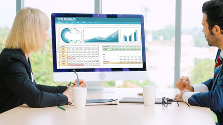 Spreadsheet document information financial startup concept. data and graphs in spreadsheet documents for online analysis project dashboard accounting digital snuglyの写真素材
