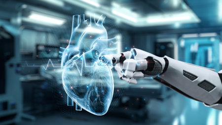 Close up of robotic hand pointing and tapping at heart hologram with blur laboratory background. Robot hand clicking at heart icon to analyzing and diagnosis symptom. Medical technology. Salubrious.の写真素材
