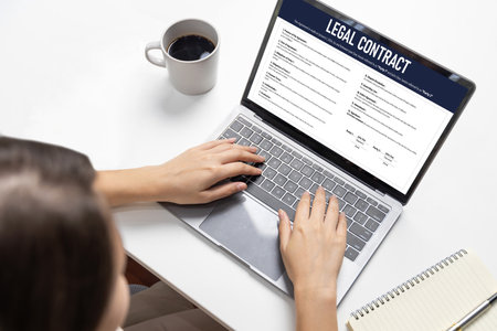 Digital legal contract provide terms and conditions document on computer screen ready for online...