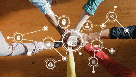 A vibrant scene depicting hands joining together in a collaborative gesture, surrounded by digital...