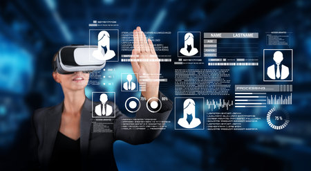 A virtual reality user engages with a digital security interface, focusing on personal data...